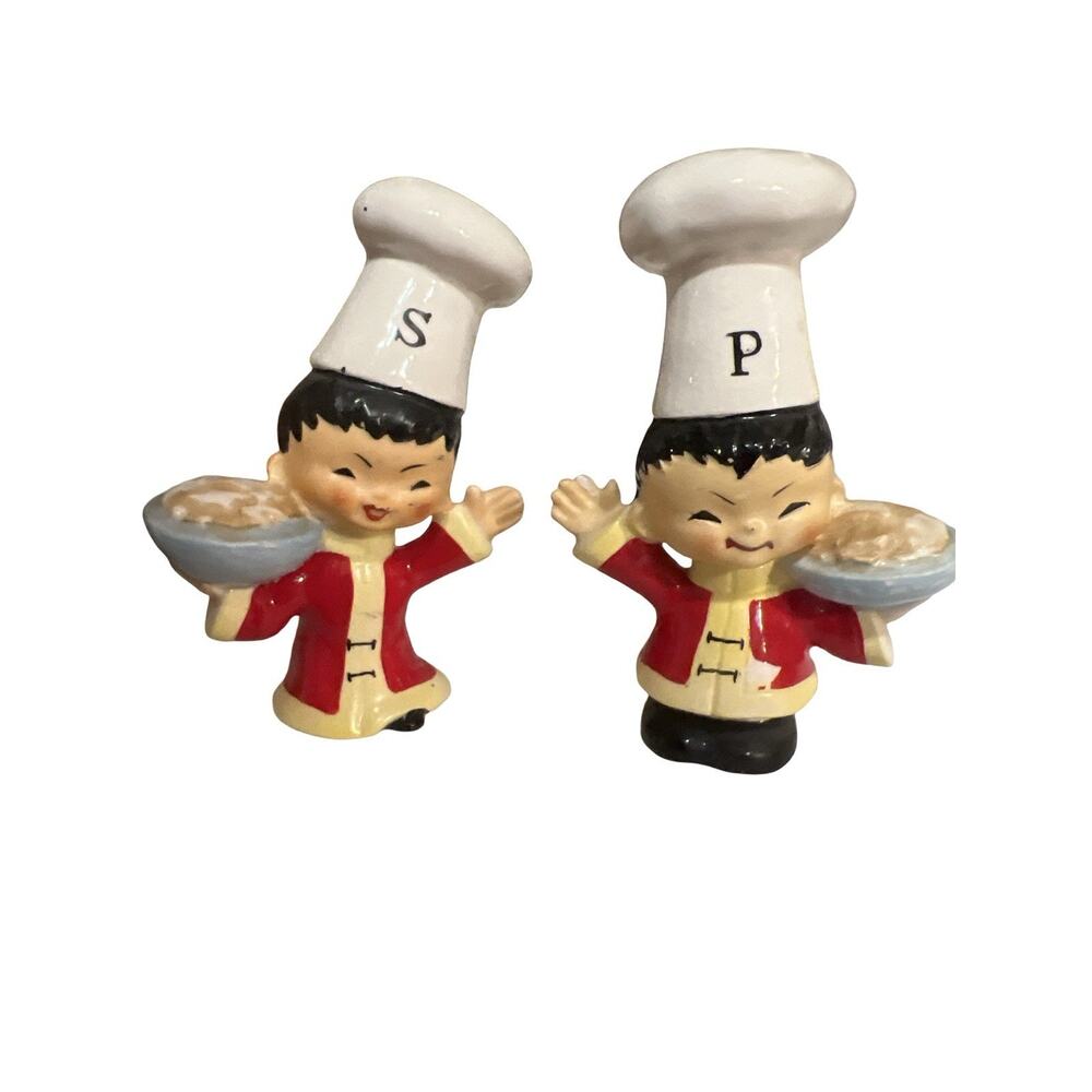 VTG Salt & Pepper Japan Asian Chef Salt Pepper shaker Ceramic Anthropomorphic
